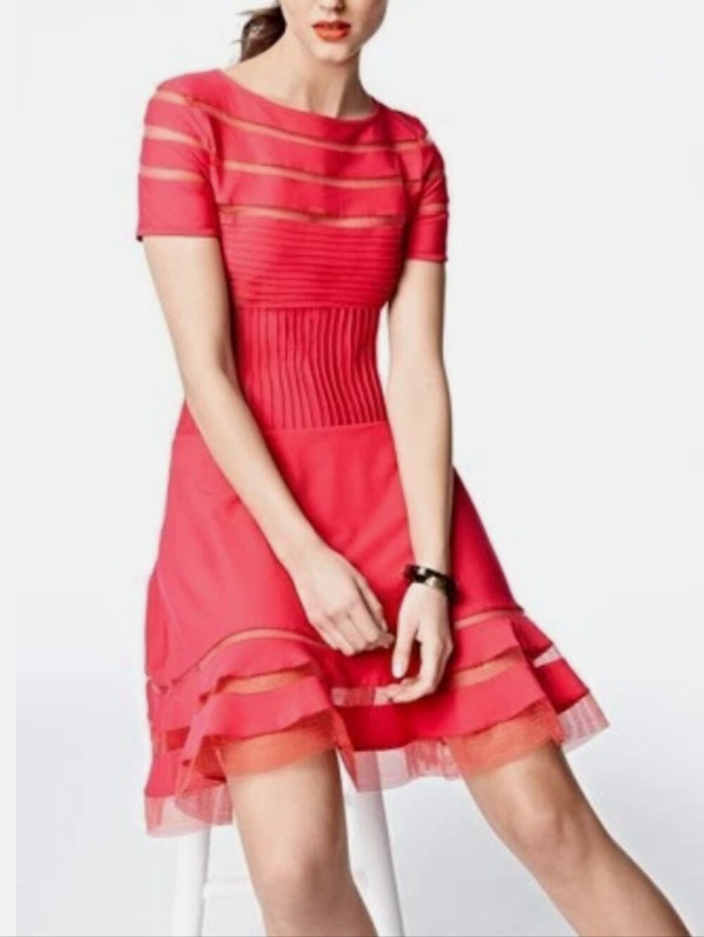 Tadashi Shoji Pintuck Jersey Mesh Stripe Cutouts Jet Apple Red Dress